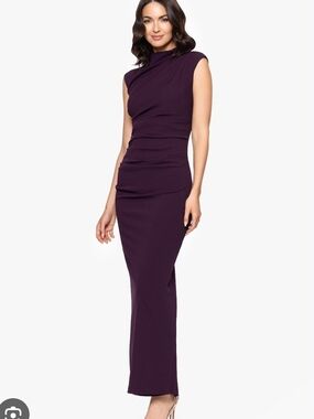 Betsy & Adam Dress Evening"KATALINA" SCUBA CREPE RUCHED MOCK NECK Size 14 Purple